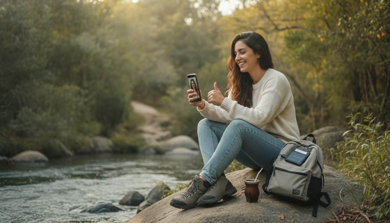 Mujer argentina usando un dispositivo digital en un ambiente cotidiano