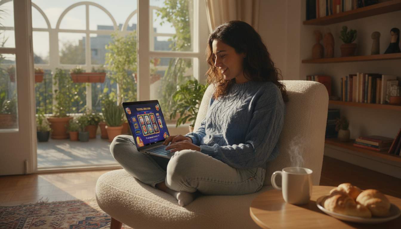 Mujer argentina aprendiendo a jugar tragamonedas